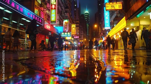 Neon Reflections: Rainy Night in the City © vivari_vector
