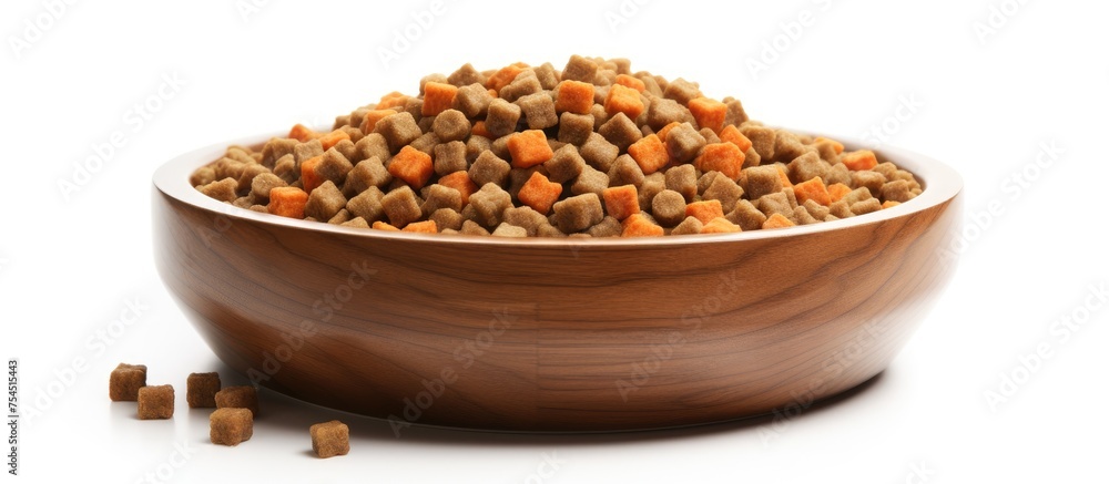 A wooden bowl sits filled with dog food kibble, isolated against a white background. The pet food is ready for a hungry pup to enjoy their meal. A wooden bowl sits filled with dog food kibble, isolated against a white background. The pet food is ready for a hungry pup to enjoy their meal.