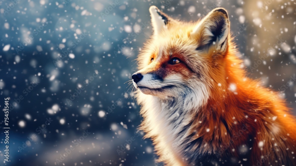 close up fox with snowfall background