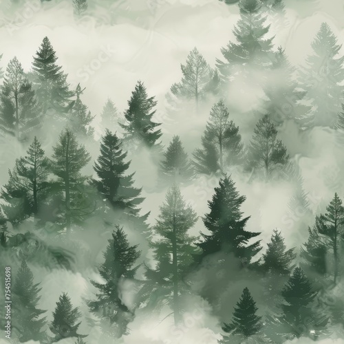 Illustration of a foggy evergreen forest, seamless pattern