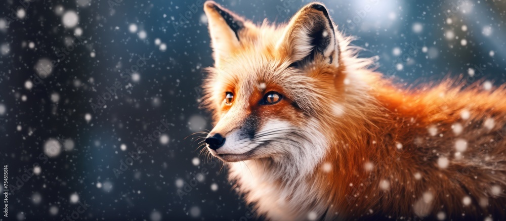 close up fox with snowfall background