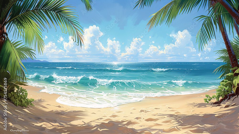 Naklejka premium Tropical sea beach with sand, ocean, palm leaves and blue sky