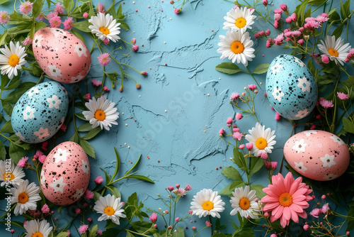 Blue and pink background with a bunch of flowers and easter eggs