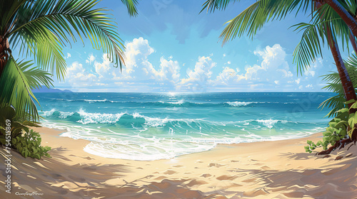 Tropical sea beach with sand, ocean, palm leaves and blue sky © Muhammad