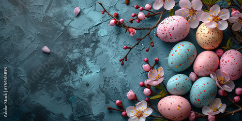 Blue background with pink flowers and blue and pink easter eggs