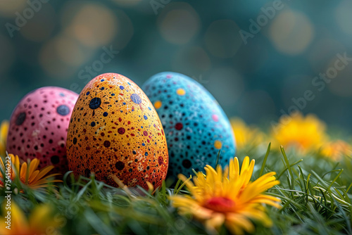 Three painted easter eggs are on a grassy field with yellow flowers