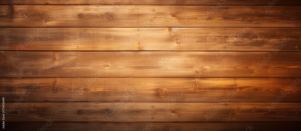 Obraz premium A dark, aged wooden wall is illuminated by a warm light, creating shadows and highlighting the texture of the wood. The light adds a golden glow to the retro pine logs,