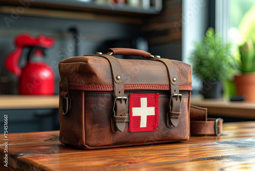 Brown bag, first aid kit with a red cross stands on a wooden table at home