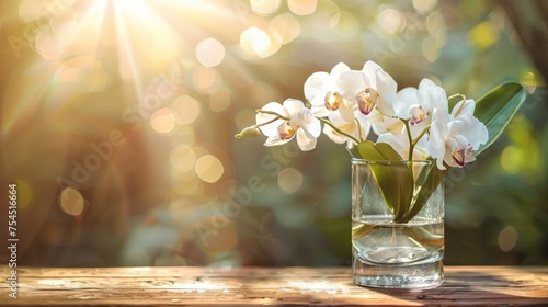 White orchid flower decoration in a glass vase with sunlight shining through. Generate AI image