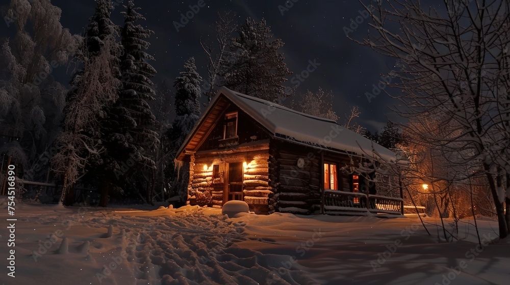 Small wooden cabin in winter. Generate AI image