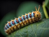 A caterpillar on its host plant, captured in macro to showcase its patterns, colors, and the plant's texture