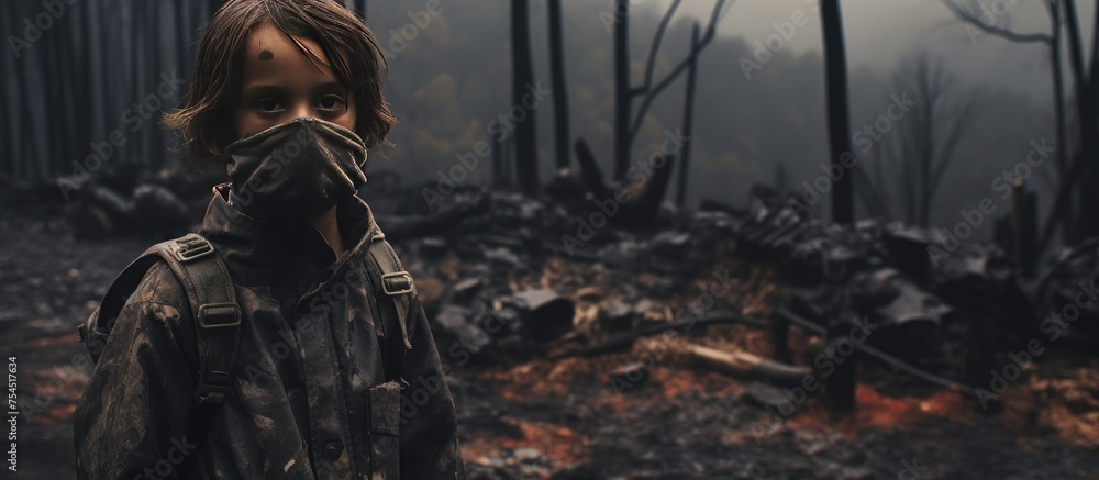 A man wearing a gas mask stands in the scorched Galician forest, surveying the aftermath of a destructive wildfire. The atmosphere is eerie and ominous.