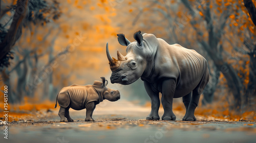 A mother rhino and her baby stand on a path in a golden forest  a tender moment in nature