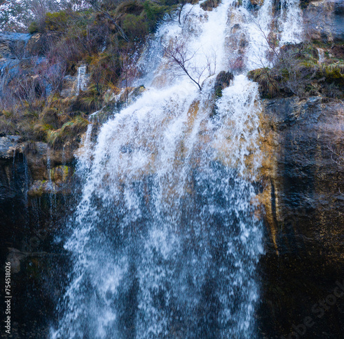 La Mea waterfall seen from a drone. Between Quintanilla Valdebodres and Puentedey in the area of the Canales del Dulla. The Merindades. Burgos. Castile and Leon. Spain. Europe photo