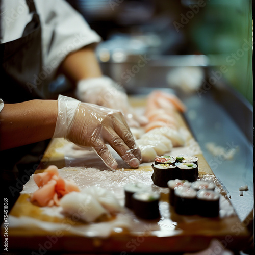 main de chef cuisinier qui prépare des sushis