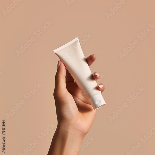 main de femme qui tient un tube de crème