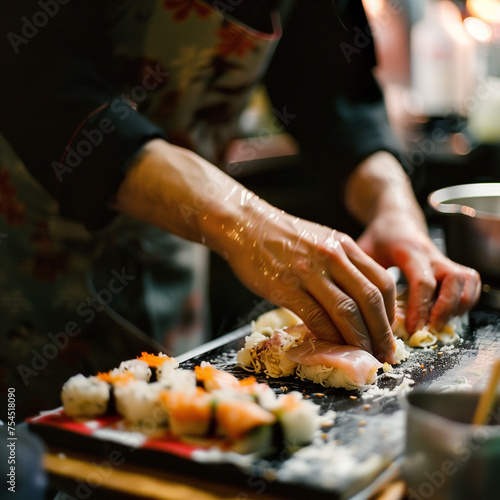 main d'un chef qui prépare des sushis