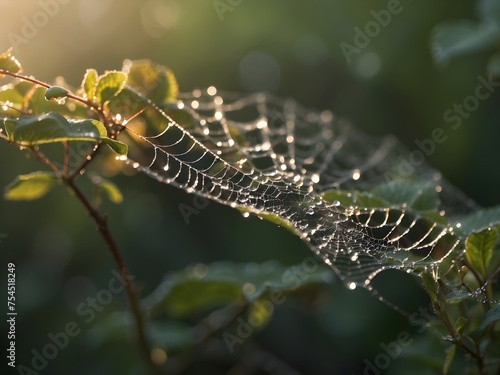Capture the dewdrops glistening on a spider's web early in the morning