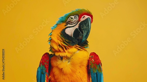 Cheerful parrot with vibrant feathers and playful demeanor perched against a sunny yellow backdrop