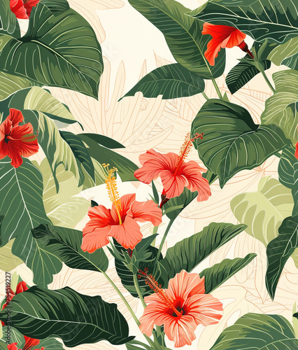 Seamless background with tropical flowers and plants  retro style.  