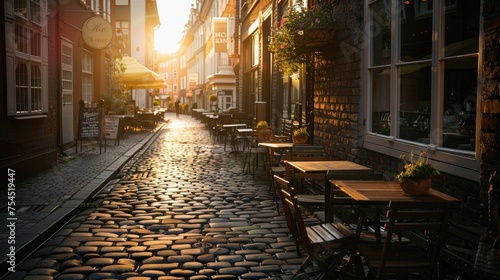 The warm glow of sunrise bathes a quiet cobblestone street with outdoor café seating in golden light.