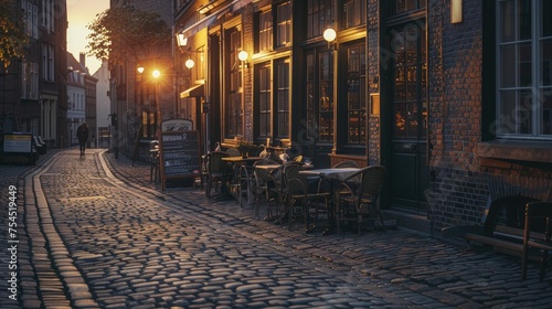 The warm glow of sunrise bathes a quiet cobblestone street with outdoor café seating in golden light.