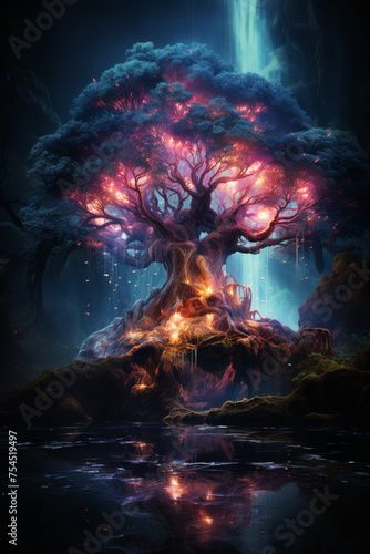 Mystical Tree with Cosmic Lights in a Fantasy Landscape