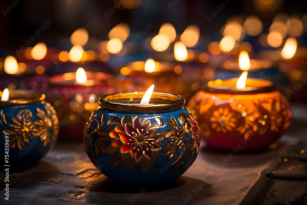 Traditional indian oil lamps for diwali festival on dark background. Generative AI Traditional indian oil lamps for diwali festival on dark background. Generative AI