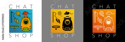 3 affiches avec une série de pictogrammes pour jouer ou pour le transport des chats, dessinés en couleur, en silhouette noir ou en contour blanc.