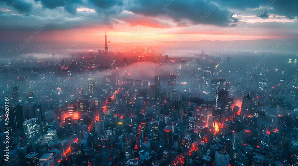 Aerial View of a City at Twilight, Skyscrapers and Urban Skyline Against the Sunset, Panoramic Cityscape Photography Aerial View of a City at Twilight, Skyscrapers and Urban Skyline Against the Sunset, Panoramic Cityscape Photography