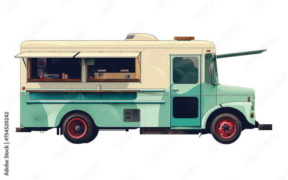  Illustration of a modern and trendy food truck in vintage style on transparent background
