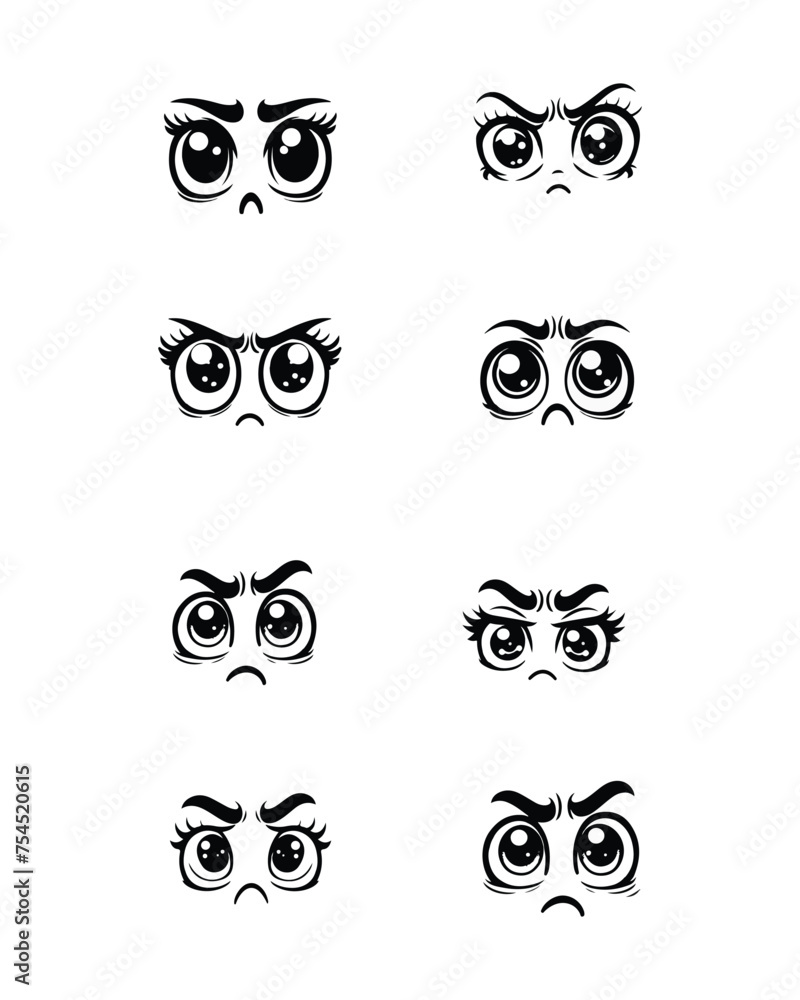Funny cartoon eyes. Human eye, angry and happy facial eyes expressions. Comic facial character caricature, human eye emotions doodle. Isolated vector illustration icons