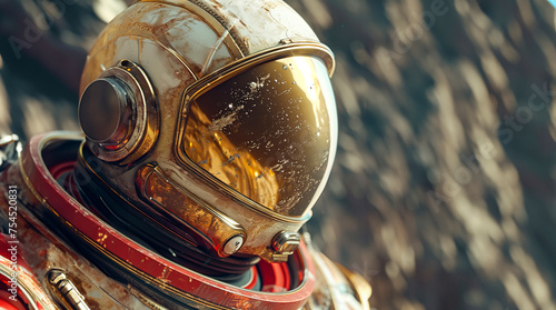 Cosmic Explorer: Intense Close-up of Astronaut's Mars Helmet with Visor Reflection in Space Suit, created with Generative AI technology