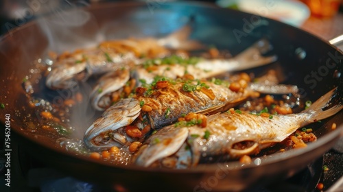 Sizzling fish cooking in a pan with herbs and spices