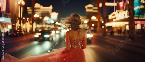Young blonde woman in red sequin dress walking alone on Las Vegas city street at night.