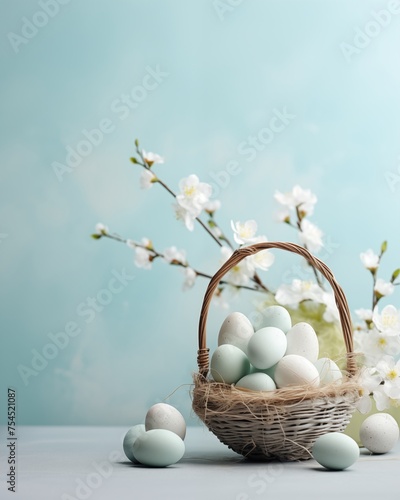 Easter eggs in a basket on blue background
