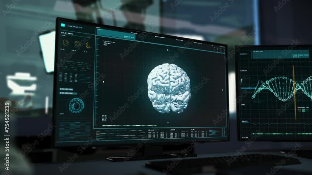 Computer Screen with MRI Scanning system. MRI Scan of the Human Brain is examining the possible deformities. MRI Scan has identified the Brain Tumor in the studied subject. User Interface. Tomography. Computer Screen with MRI Scanning system. MRI Scan of the Human Brain is examining the possible deformities. MRI Scan has identified the Brain Tumor in the studied subject. User Interface. Tomography.