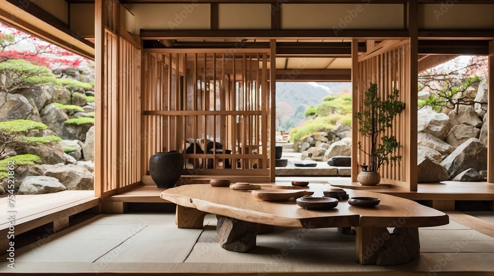 Fototapeta premium Modern eco friendly Japanese style resort, spa interior with wooden interior 