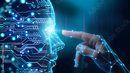 The technology concept, of a hands of human touching digital Glowing women face, connect digital data, generative ai