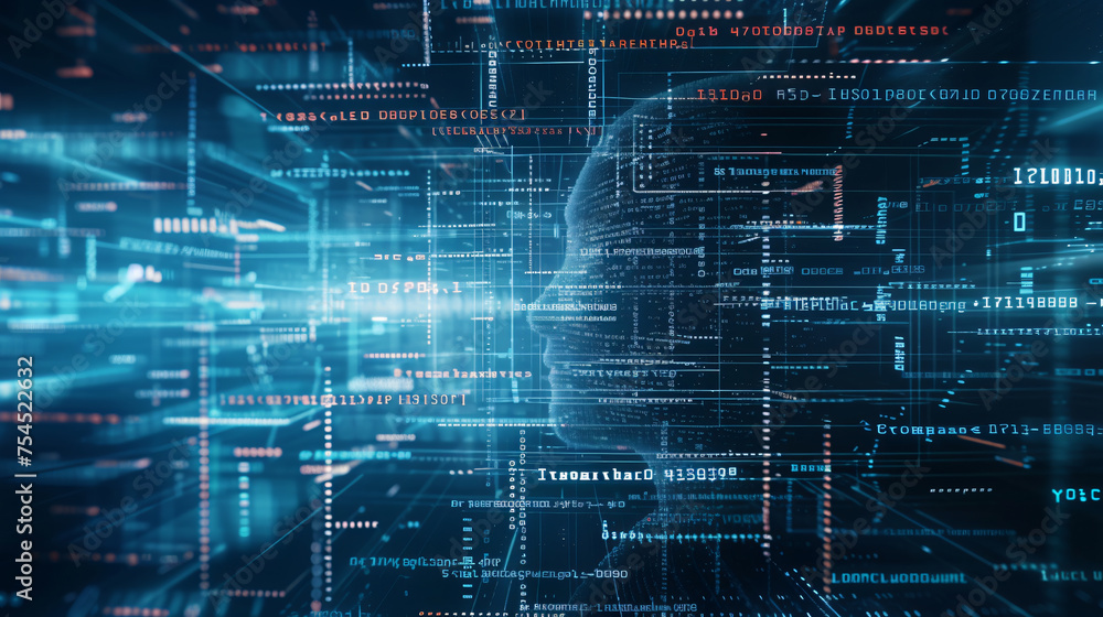 The technology data concept, of a digital quantum blue physic matrix data, with connect digital robot face, generative ai The technology data concept, of a digital quantum blue physic matrix data, with connect digital robot face, generative ai