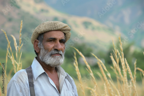 An old asian man in a farm, old farmer is planting vegetables in countryside, portrait of a retired guy in middle east, poor and sad with dirty clothes, AI Generated