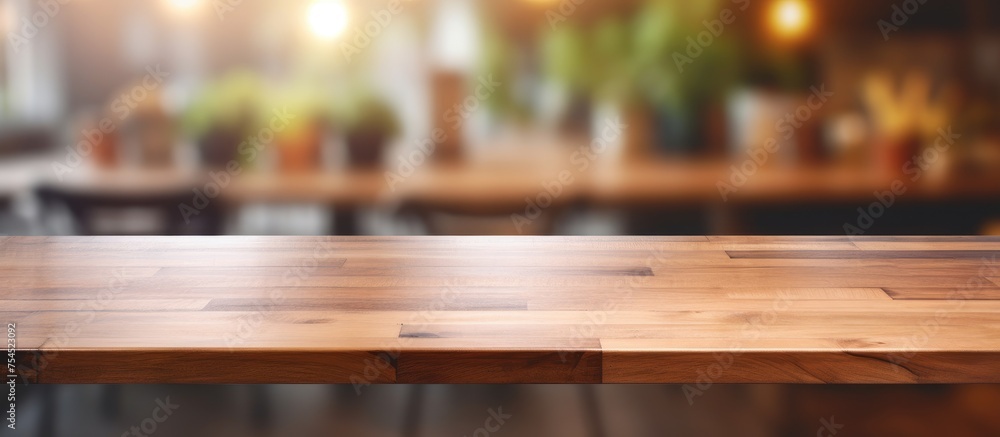 A detailed view of a wooden table inside a restaurant, showcasing its texture and pattern. The table is situated in a busy restaurant environment, with slight blur background of kitchen activities. A detailed view of a wooden table inside a restaurant, showcasing its texture and pattern. The table is situated in a busy restaurant environment, with slight blur background of kitchen activities.