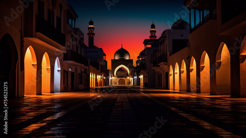 City street with a mosque in the distance at night in shades of blue orange and yellow