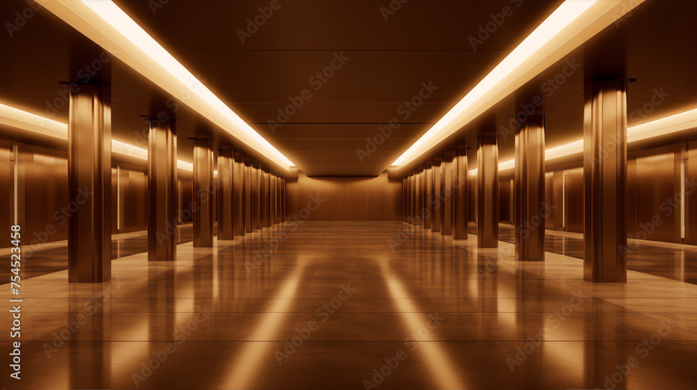 Futuristic Sci-Fi Corridor 3D rendered image in an Art Deco style with brown and orange colors. Futuristic Sci-Fi Corridor 3D rendered image in an Art Deco style with brown and orange colors.