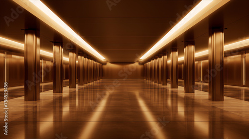 Futuristic Sci-Fi Corridor 3D rendered image in an Art Deco style with brown and orange colors.