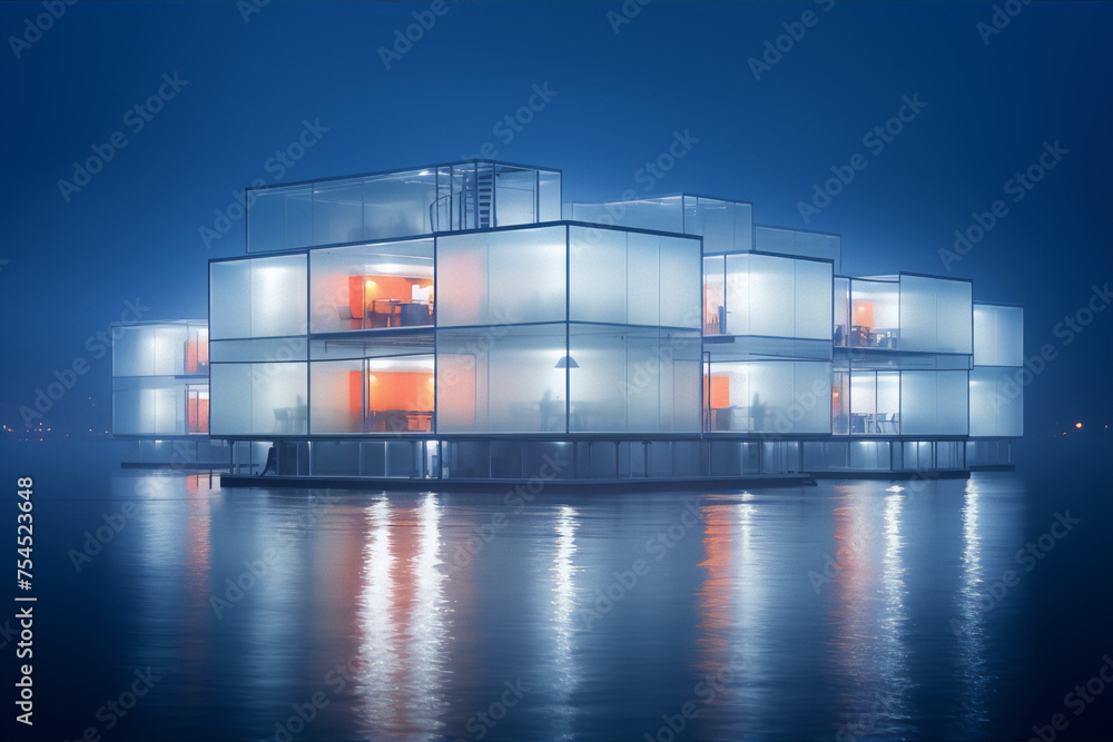 Floating glass house with warm interior lights at night