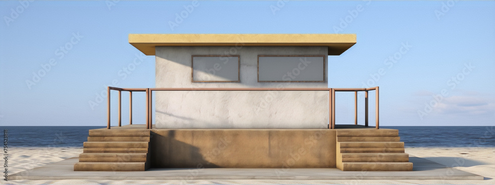 3D rendering of a lifeguard tower on the beach with a blue sky and ocean in the background. 3D rendering of a lifeguard tower on the beach with a blue sky and ocean in the background.