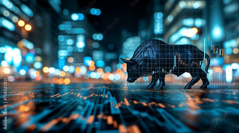 Bull Market Concept with City Lights and Stock Graph