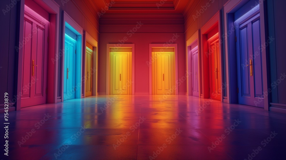 Colorful Hallway with Radiant Neon Doors