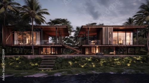 3d rendering of a modern tropical house with natural materials in the middle of the jungle near the river © sakina